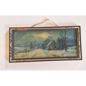 Vintage Winter Landscape Cabin Print Framed Silver Wood Decorative Wall Art